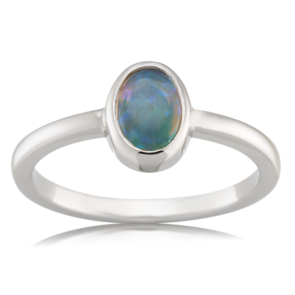 9k White Gold Opal Bezel Set Oval Ring