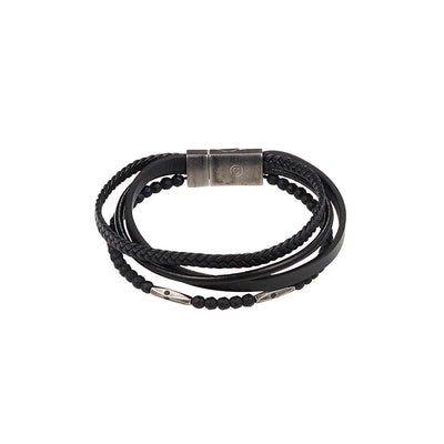 Black Leather/Black Hematite Antique plated Stainless Steel Bracelet